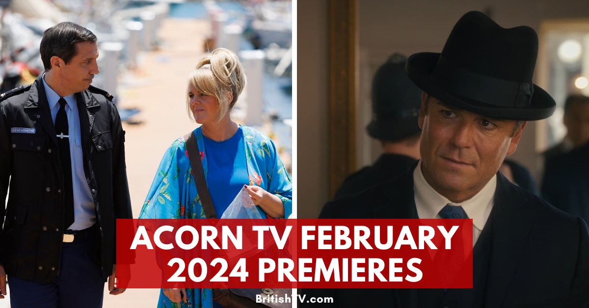 february acorn tv premieres header with screenshots of Madame Blanc and Murdoch Mysteries