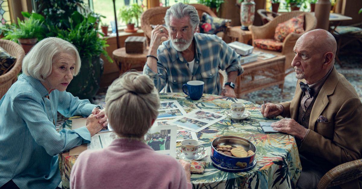 helen mirren, celia imrie, pierce brosnan, ben kingsley in thursday murder club at table